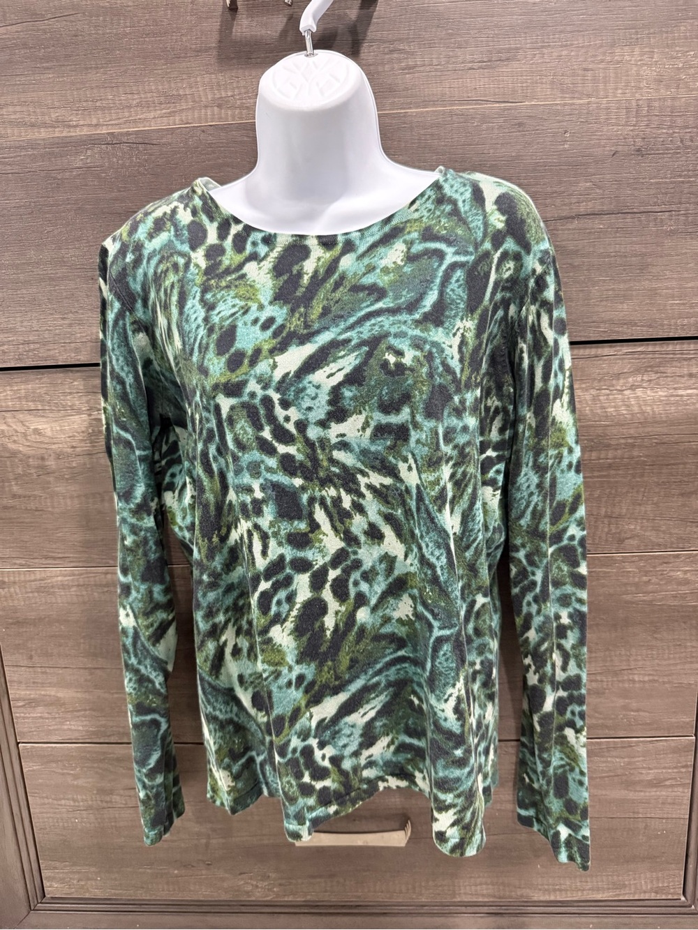 Jones New York Green Teal Abstract Animal-Print Long Sleeve Top